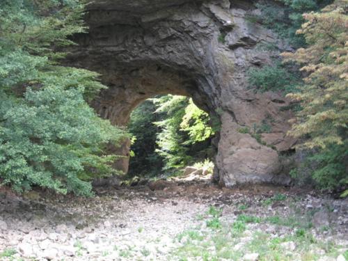 an old stone bridge with an arch in a forest at Guesthouse Jersin in Logatec