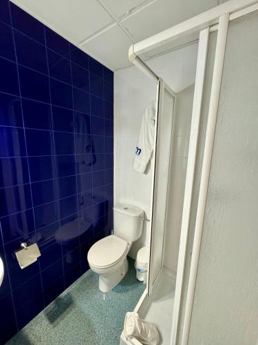 a blue tiled bathroom with a toilet and a shower at Residencia Mediterraneo in San Vicente del Raspeig