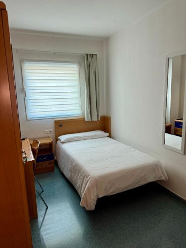 a small bedroom with a bed and a window at Residencia Mediterraneo in San Vicente del Raspeig