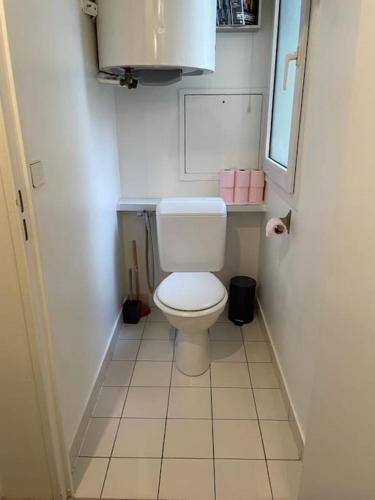 Elle comprend une petite salle de bains pourvue de toilettes blanches. dans l'établissement Bel Appartement à Bécon, à Asnières-sur-Seine