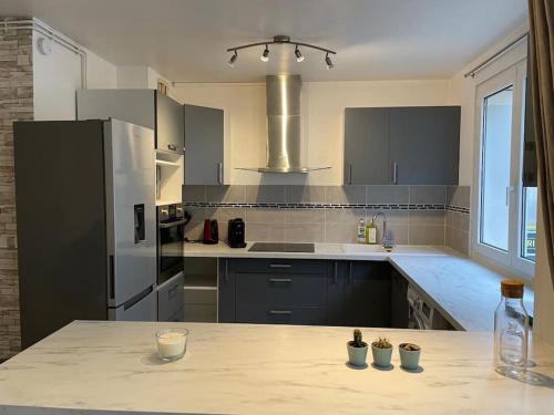 une cuisine avec un réfrigérateur et un plan de travail dans l'établissement Bel Appartement à Bécon, à Asnières-sur-Seine