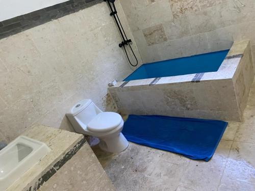 a bathroom with a toilet and a shower with blue steps at Apartamento JGB in Sosúa