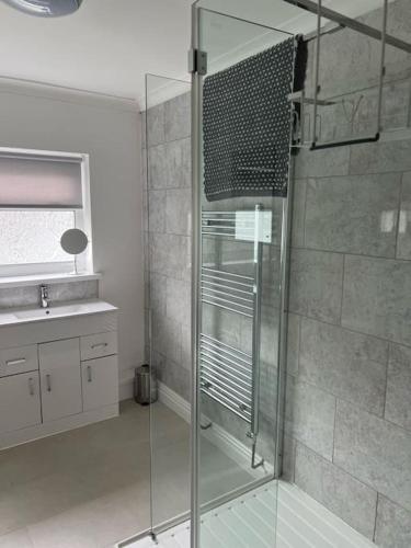 a glass shower in a bathroom with a sink at Town Centre Studio Flat in Merthyr Tydfil