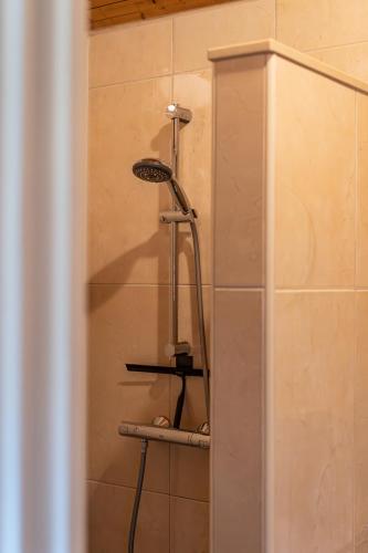 a shower with a shower head in a bathroom at De Vrijheid-Plantage in De Cocksdorp