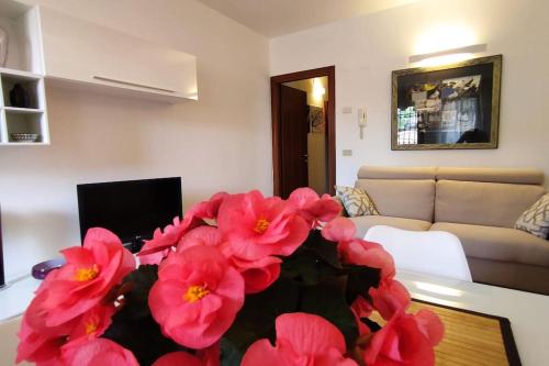 um vaso cheio de flores vermelhas numa sala de estar em residenza 7 martiri 028060-LOC-01585 em Pádua