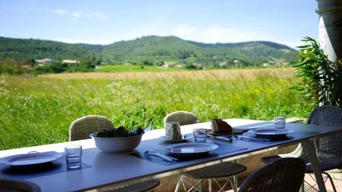 une table bleue avec des chaises et une vue sur un champ dans l'établissement Gîtes La Musardière, à Alba La Romaine