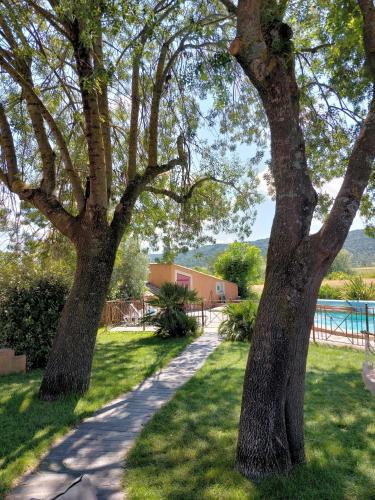 deux arbres dans une cour avec un trottoir dans l'établissement Gîtes La Musardière, à Alba La Romaine