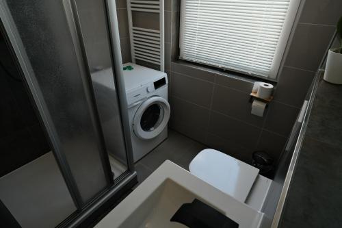uma casa de banho com um WC e uma máquina de lavar roupa em Fit&Chill Apartment Sport, Entspannung & Netflix em Leipzig