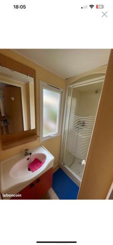 W łazience znajduje się umywalka i lustro. w obiekcie mobil home numéro 76 w mieście Meschers-sur-Gironde