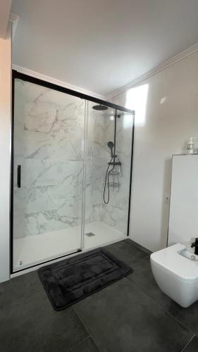 a bathroom with a glass shower and a toilet at Casa Pieiteiro in Corcubión