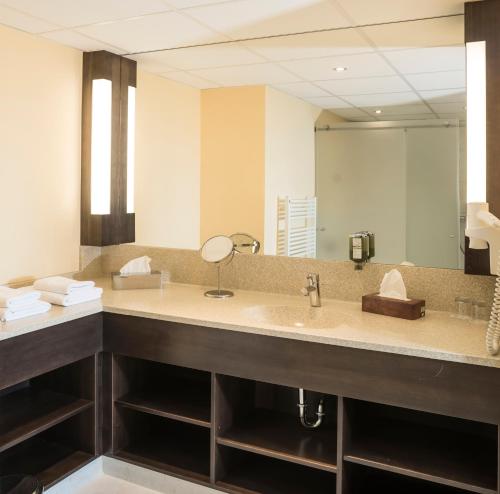 a bathroom with a sink and a mirror at Hotel Karl-Wirt in Perchtoldsdorf