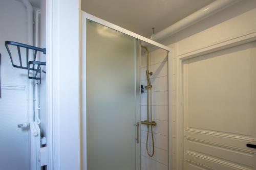 une douche avec une porte vitrée dans une salle de bain dans l'établissement Cosy Art Gallery, à Reims