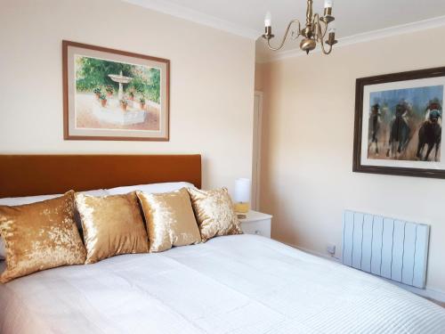 um quarto com uma cama com almofadas douradas em Pulteney Road Apartment em Bath