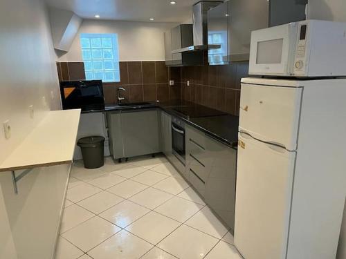 La cuisine est équipée d'un réfrigérateur blanc et d'un four micro-ondes. dans l'établissement maison proche du château Versailles, à Versailles