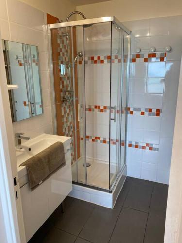 une salle de bain avec douche et lavabo dans l'établissement Studio vue Océan, à Lacanau