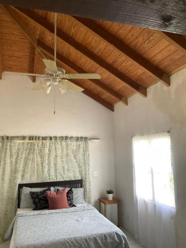 a bedroom with a ceiling fan and a bed at Rustic home on large land of fruit trees- 15 Minutes to English Harbour in All Saints