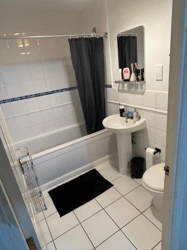 a bathroom with a sink and a shower and a toilet at Lovely 1 bedroom apartment in East London in London