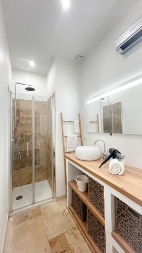 une salle de bain avec une douche en verre et un lavabo dans l'établissement Voyage au Canal - Parking Clim Netflix Amazon, à Montauban