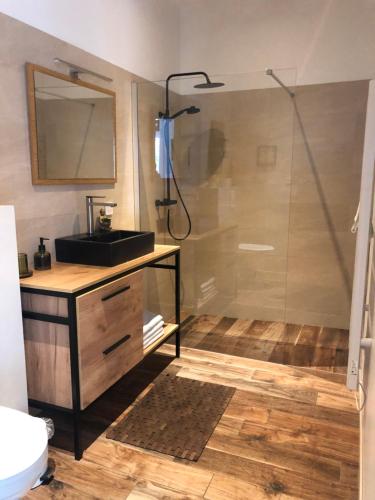 ein Bad mit einem Waschbecken und einer Glasdusche in der Unterkunft GITE LA BASTIDE DE NEGRA in Montesquieu-Lauragais