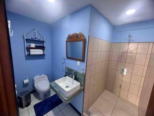 La salle de bains bleue est pourvue de toilettes et d'un lavabo. dans l'établissement Puntarenas, Apartamento Mateo, à Puntarenas
