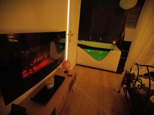 un salon avec une cheminée et une piscine dans l'établissement Love room avec jaccuzzi, à Mormant