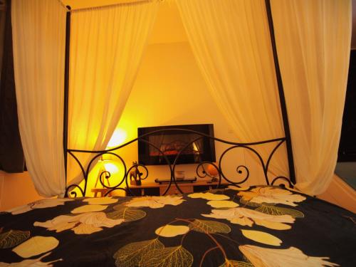 une chambre avec un lit avec un couvre-lit fleuri dans l'établissement Love room avec jaccuzzi, à Mormant