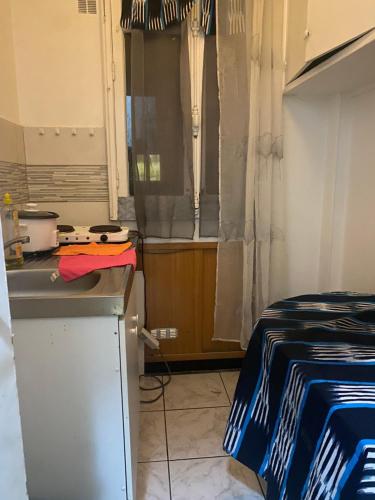 une petite cuisine avec un évier et une fenêtre dans l'établissement Grand studio 30M2 Asnières sur Seine Centre-Ville, à Asnières-sur-Seine