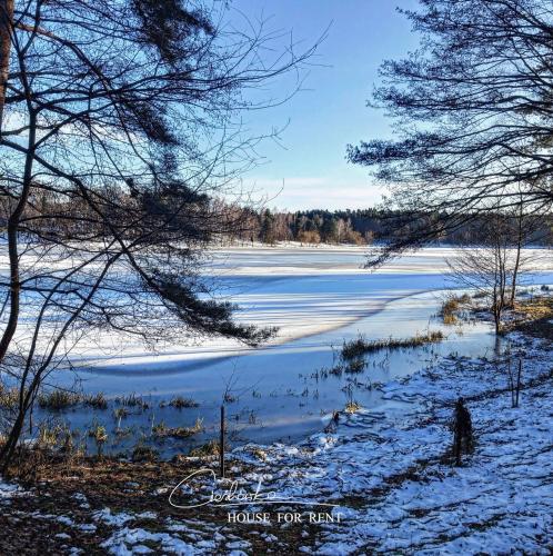 a view of a frozen lake in the snow at Cieślówka in Leżajsk