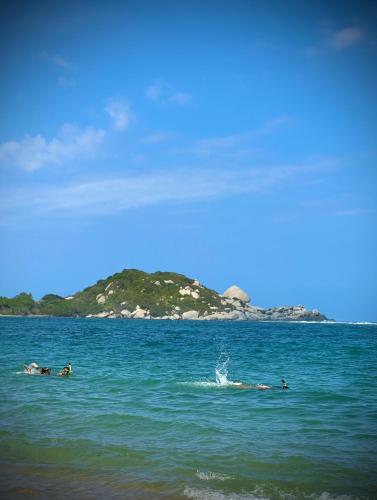 people swimming in the ocean with an island in the background at Eco Hotel Amanecer Tayrona in El Zaino