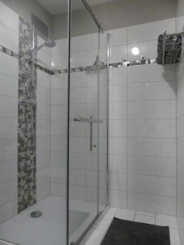 a shower with a glass door in a bathroom at Wohlfühloase by Rent Rooms Rietz in Stein