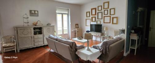 un salon avec deux canapés et une télévision dans l'établissement Maison bourgeoise avec piscine privée, à Béziers