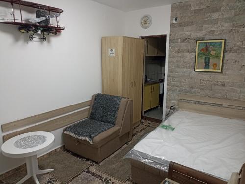 a room with a bed and a chair and a table at Mini Garsonjera in Podgorica