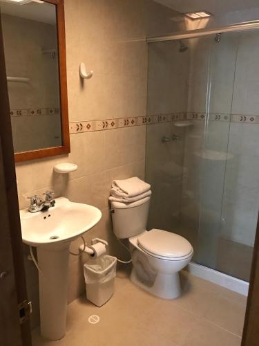 a bathroom with a toilet and a sink and a shower at Hotel Casa La Riviera in Bogotá