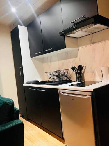 une cuisine avec des armoires noires et un four à plaques de cuisson dans l'établissement Joli Studio Cosy proche gare, à Noisy-le-Sec
