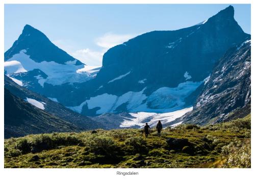 two people standing on a hill looking at a mountain at Turtagrø Hotel in Fortun