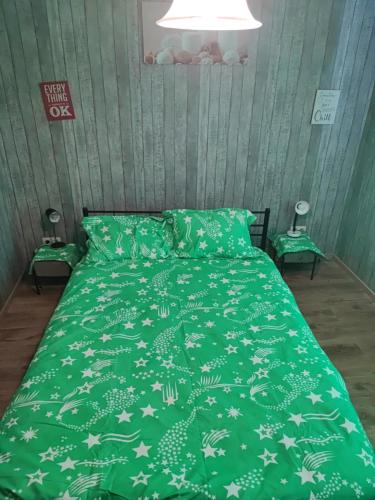 a bed with a green comforter with stars on it at ESCALE DU BOURLINGUEUR in Charleroi