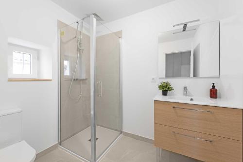 un bagno con doccia e lavandino di Le Tropical : T2 rénové Ambiance Cosy et Colorée a Mazamet