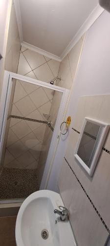 a small bathroom with a shower and a sink at Matat Studio Apartments in Matatiele