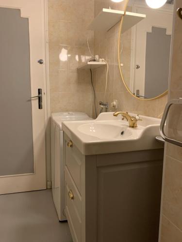 une salle de bain avec un lavabo et un miroir dans l'établissement Cap d Antibes, Salis beach , 2 bedrooms , free parking, à Antibes