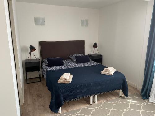 une chambre avec un lit bleu avec deux serviettes dessus dans l'établissement Appartement Vue mer Centre ville, à Ajaccio