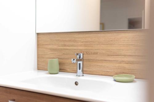 a bathroom sink with a mirror and a green soap at Le Cottage in Mazamet