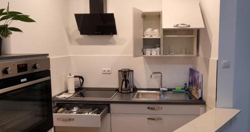 a small kitchen with a sink and a stove at Haus Sonnenwinkel in Walsrode