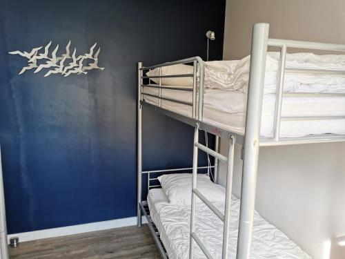 ル・プリガンにあるLe Pouliguenの二段ベッド2組が備わる青い壁の客室です。