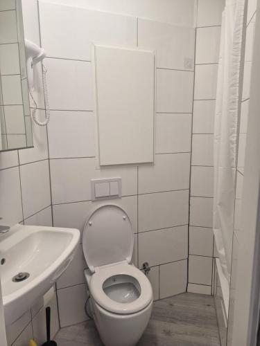 La petite salle de bains est pourvue de toilettes et d'un lavabo. dans l'établissement Studio-Apartment 6, à Essen