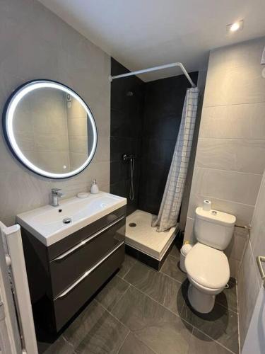une salle de bain avec toilettes, lavabo et miroir dans l'établissement L'éphémère, à Quimper