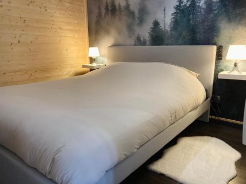 Le Nivolet, cosy appartement في شامبيري: سرير أبيض كبير في غرفة النوم مع مصباحين