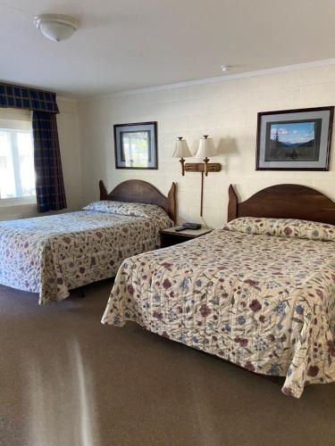 a hotel room with two beds and a window at Forest Lodge Motel in Happy Camp