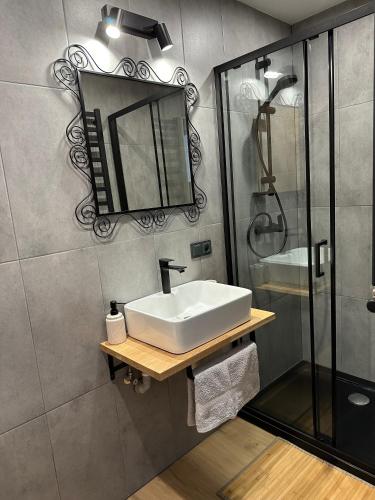 een badkamer met een wastafel en een douche bij Apartamenty Kowalska II in Kościerzyna