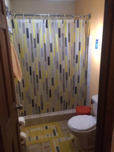 a bathroom with a shower curtain and a toilet at La Cabaña de Bella in Volcán