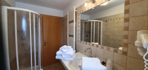 a bathroom with a sink and a shower and a mirror at Appartamento da Meto in San Martino di Castrozza